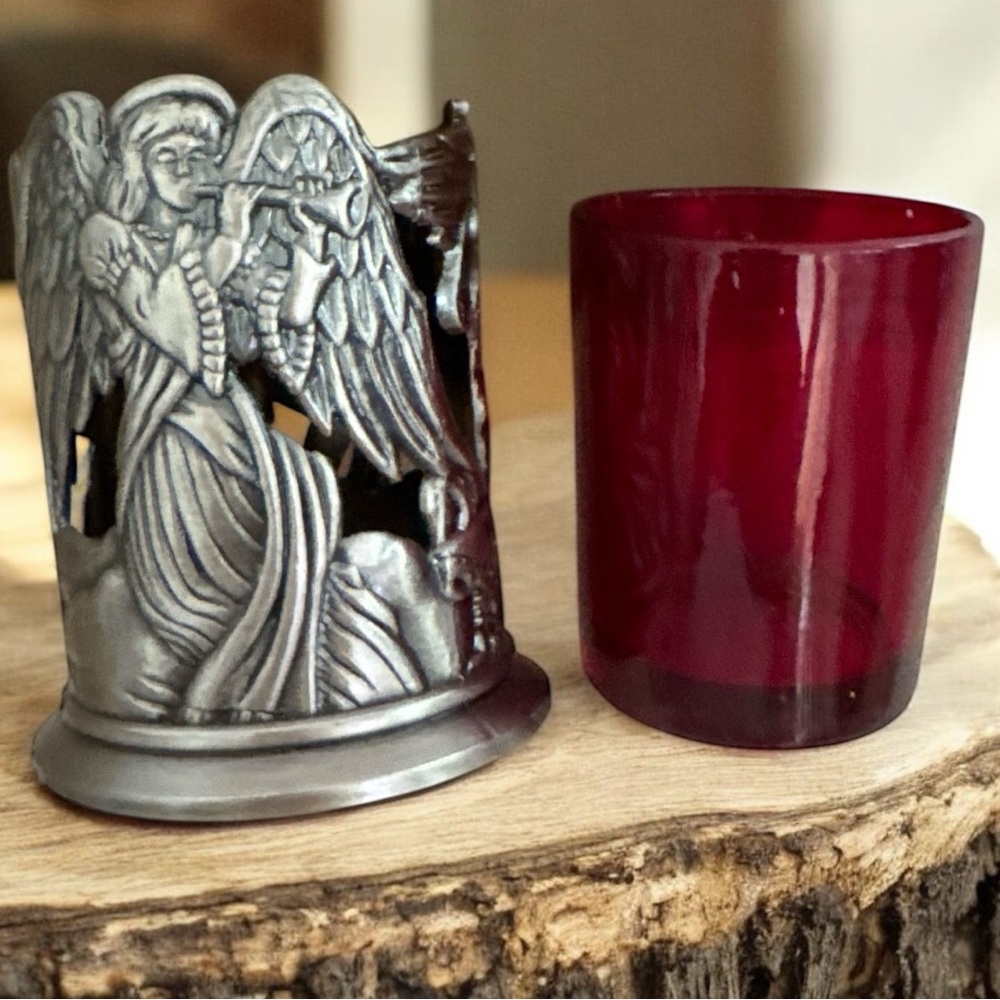 Vintage pewter candle or votive holder with angels
